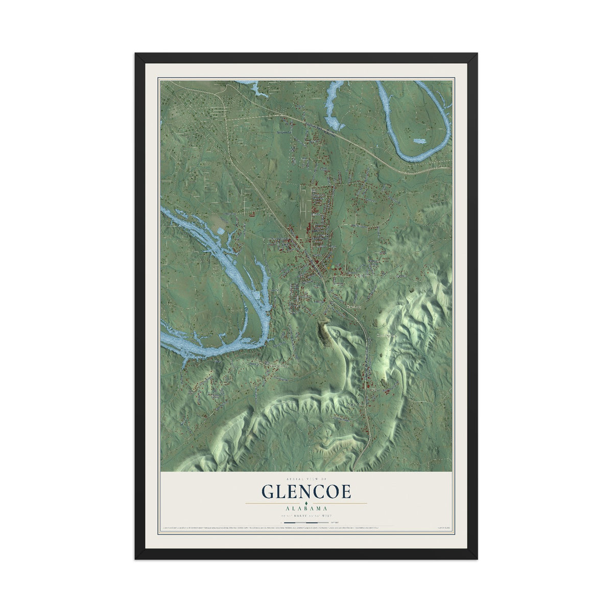 Map of Glencoe, Alabama, 12 x 18 inch print in a black wood frame