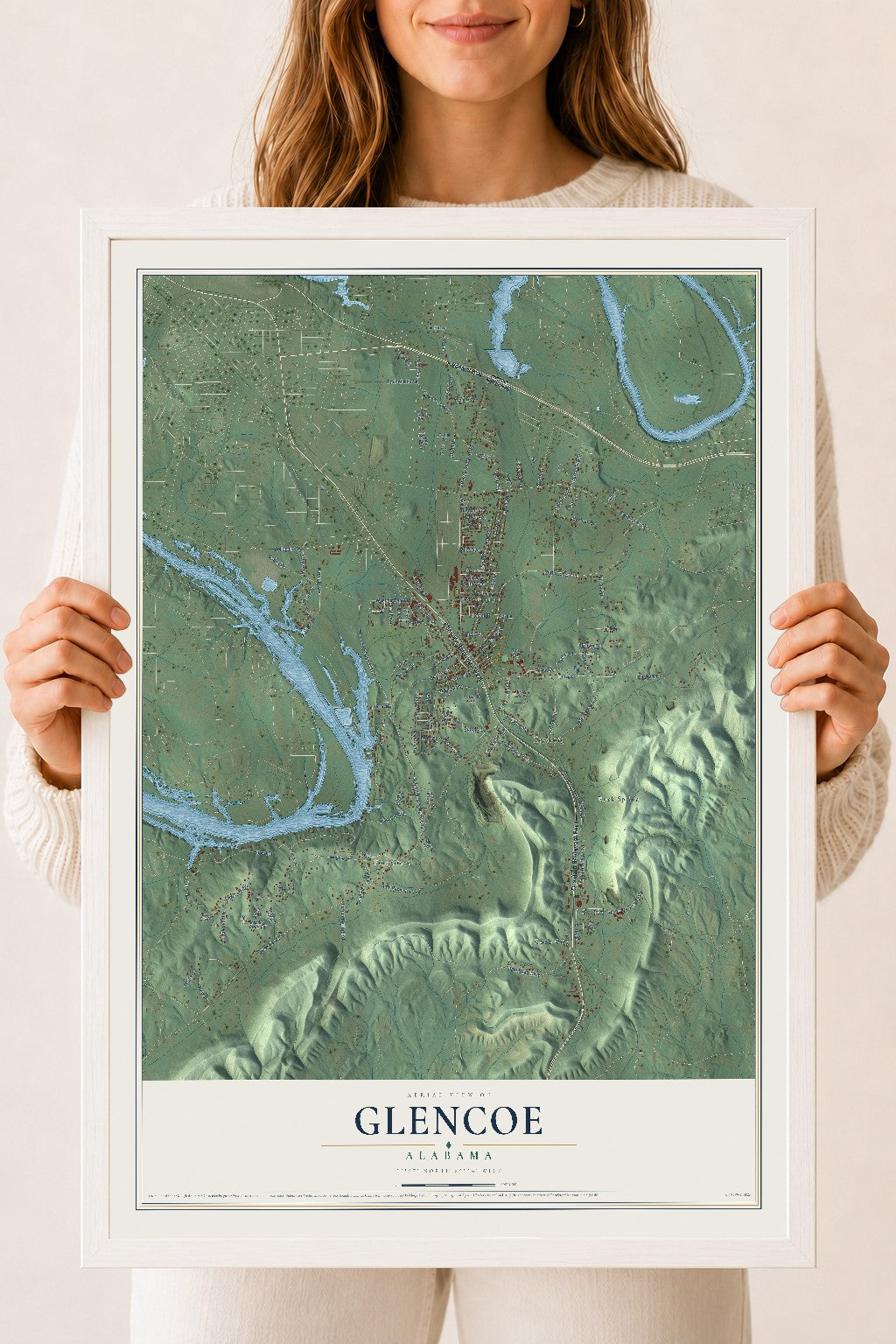 Map of Glencoe, Alabama, 18 x 24 inch print in a white wood frame