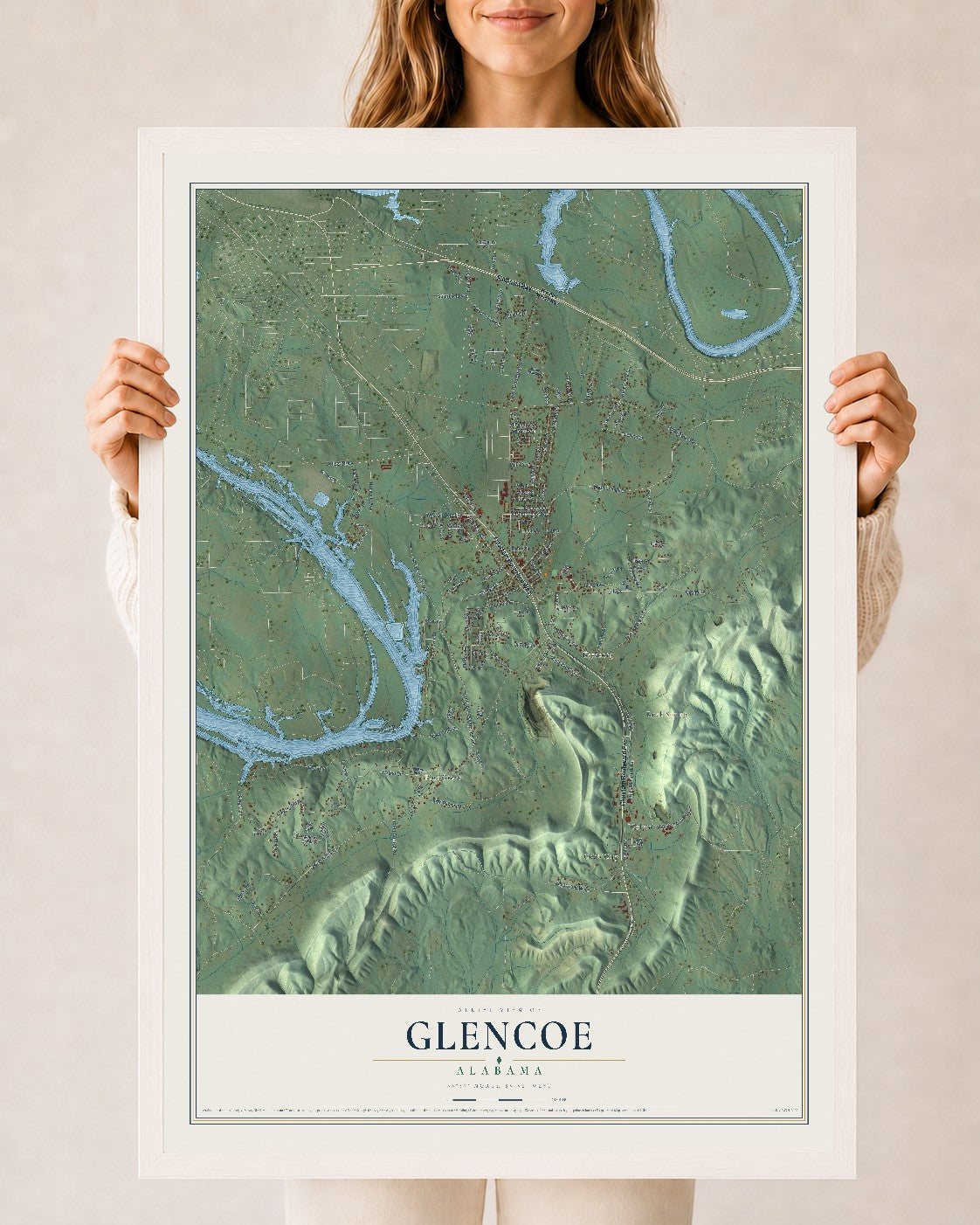 Map of Glencoe, Alabama, 24 x 36 inch print in a white wood frame