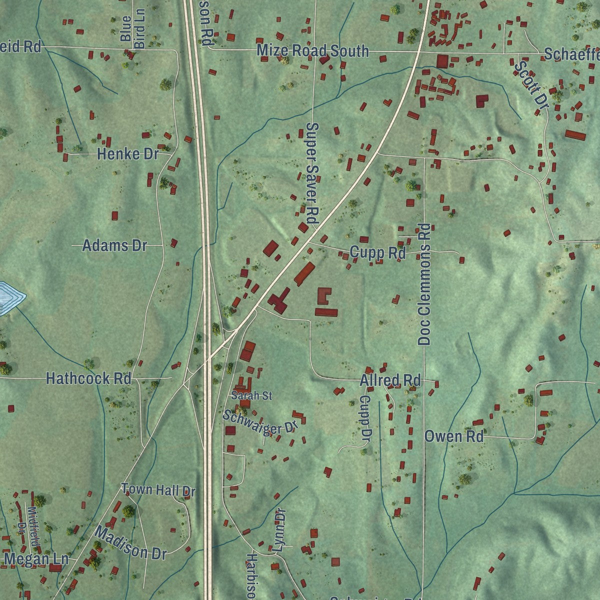 Close-up of the map of Good Hope, Alabama print showing street and building detail