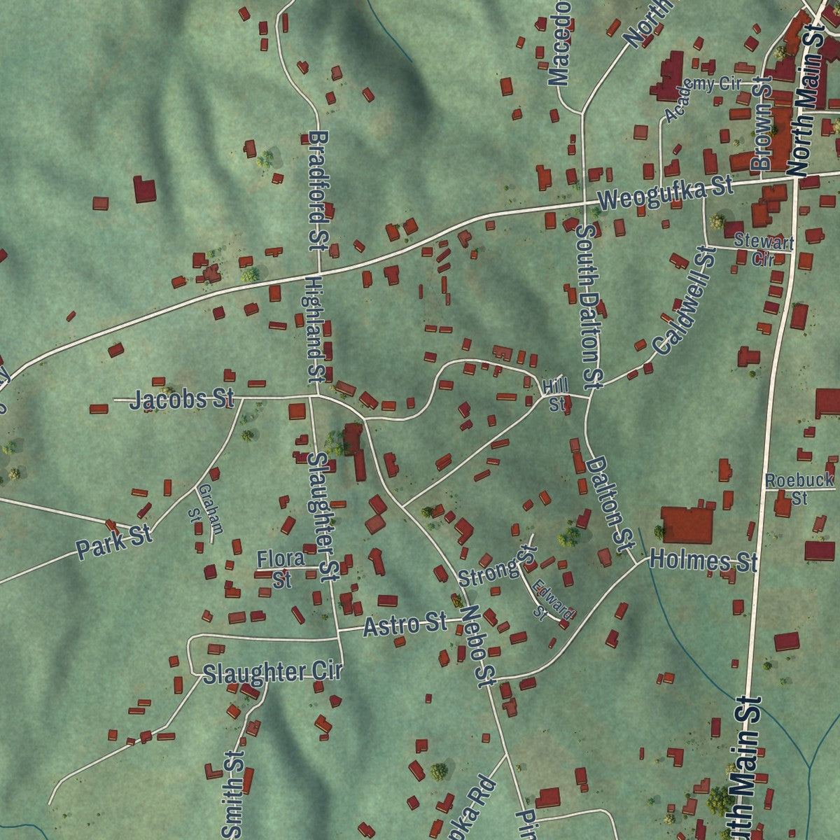 Close-up of the map of Goodwater, Alabama print showing street and building detail