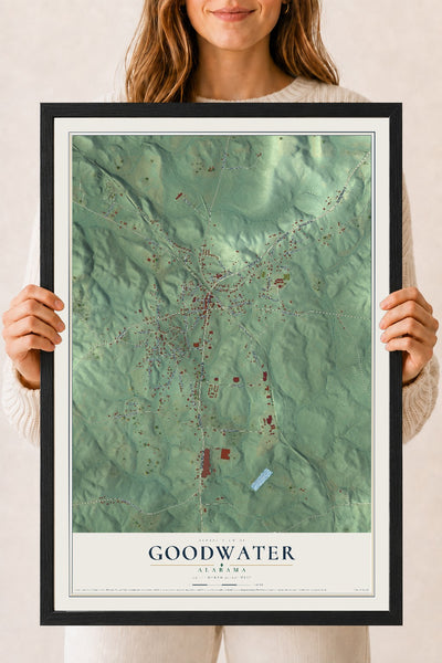 Map of Goodwater, Alabama, 18 x 24 inch print in a black wood frame