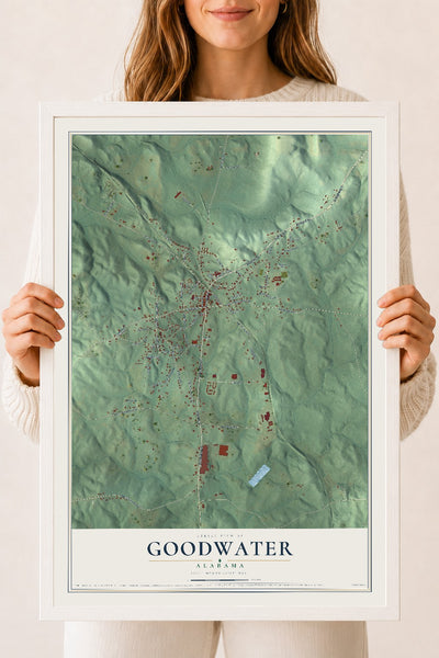 Map of Goodwater, Alabama, 18 x 24 inch print in a white wood frame