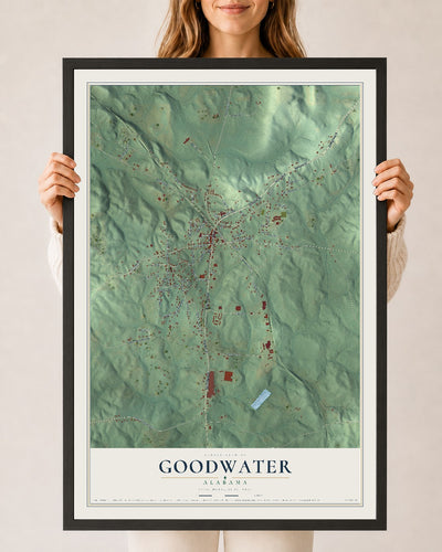 Map of Goodwater, Alabama, 24 x 36 inch print in a black wood frame