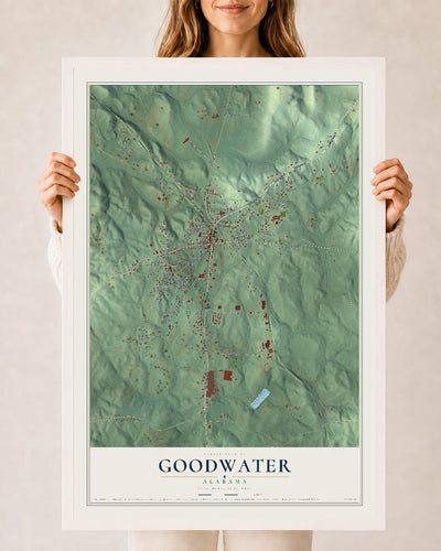 Map of Goodwater, Alabama, 24 x 36 inch print in a white wood frame