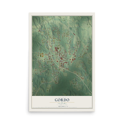 Map of Gordo, Alabama, 12 x 18 inch unframed archival matte print