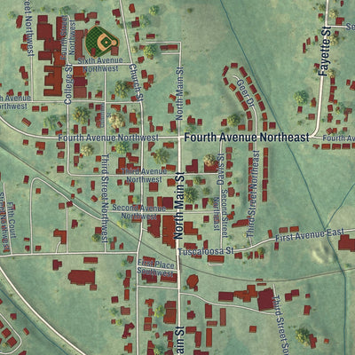 Close-up of the map of Gordo, Alabama print showing street and building detail