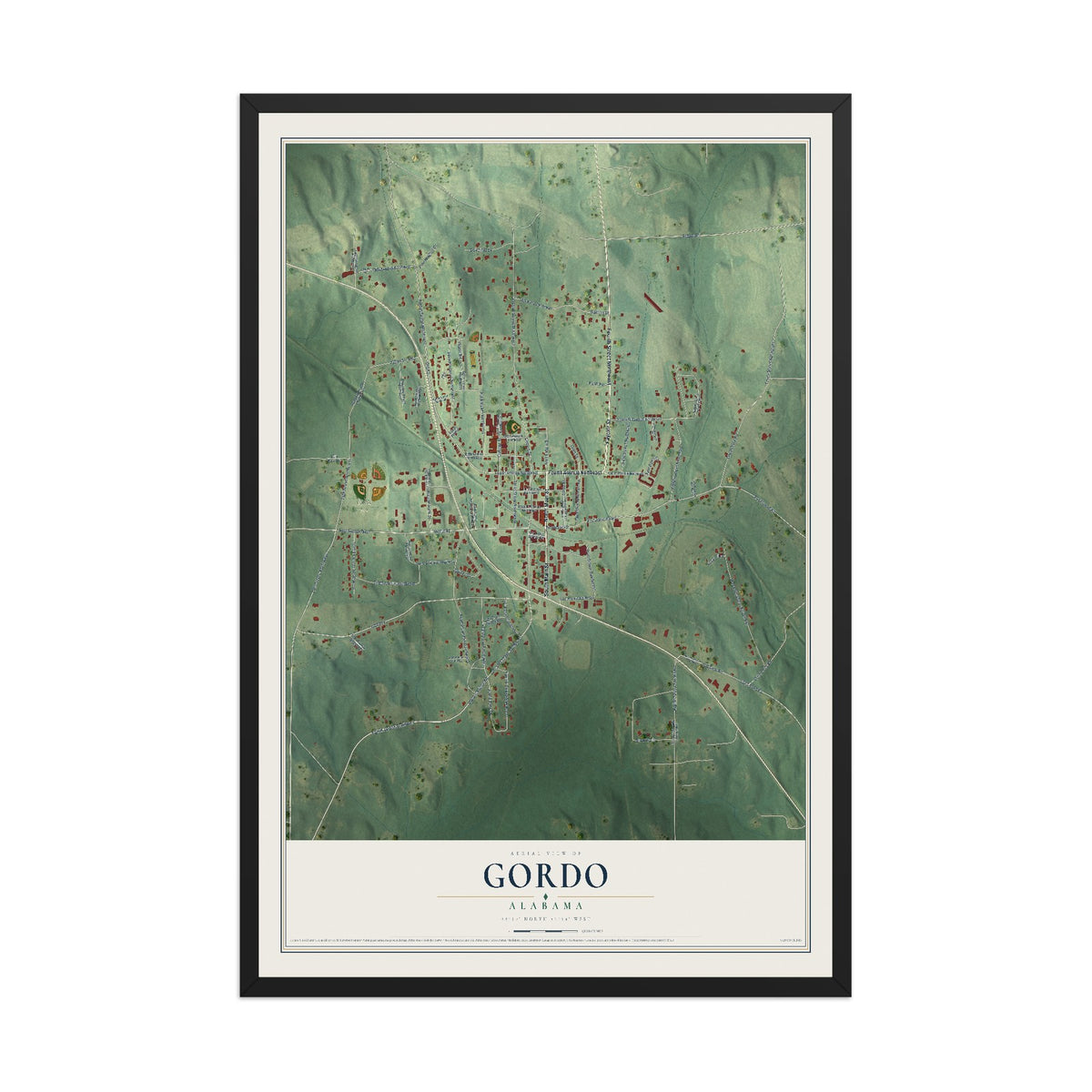 Map of Gordo, Alabama, 12 x 18 inch print in a black wood frame