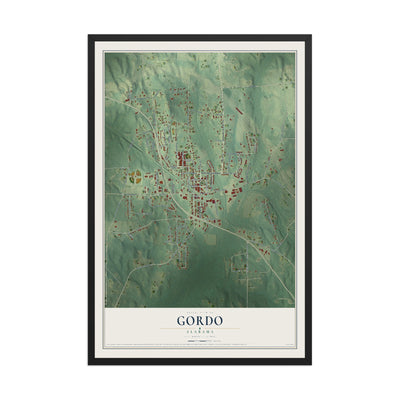 Map of Gordo, Alabama, 12 x 18 inch print in a black wood frame