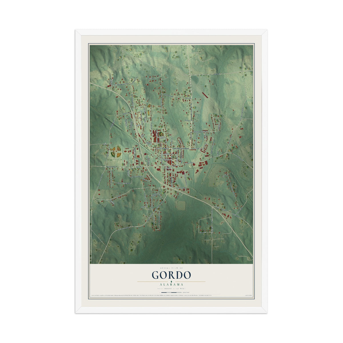 Map of Gordo, Alabama, 12 x 18 inch print in a white wood frame