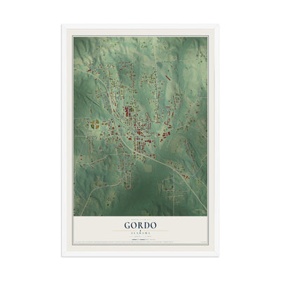 Map of Gordo, Alabama, 12 x 18 inch print in a white wood frame