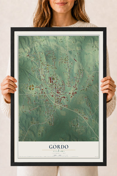 Map of Gordo, Alabama, 18 x 24 inch print in a black wood frame