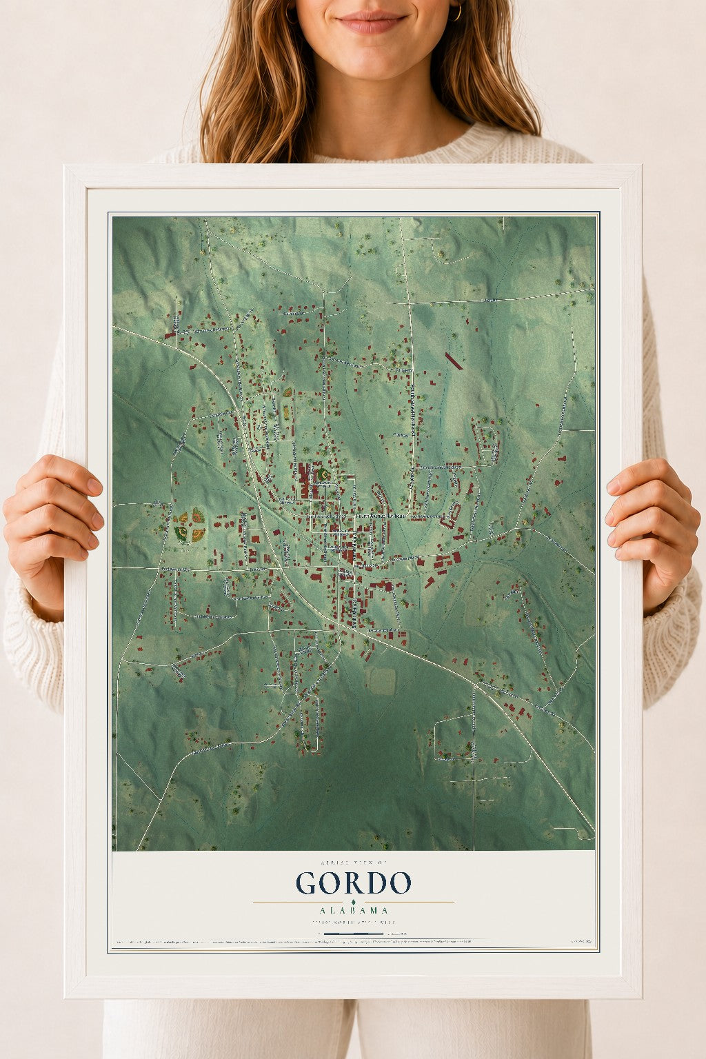 Map of Gordo, Alabama, 18 x 24 inch print in a white wood frame