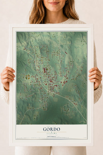 Map of Gordo, Alabama, 18 x 24 inch print in a white wood frame