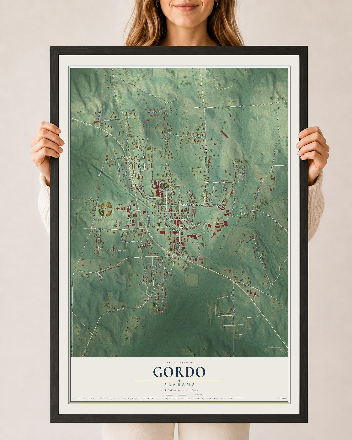 Map of Gordo, Alabama, 24 x 36 inch print in a black wood frame