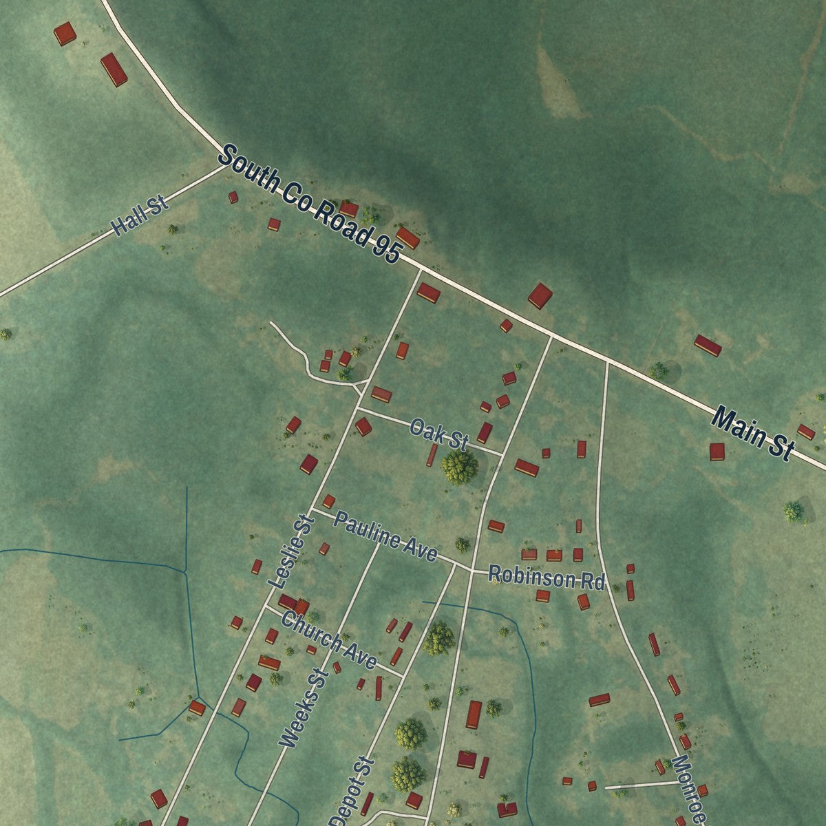 Second close-up of the map of Gordon, Alabama print showing more streets and buildings