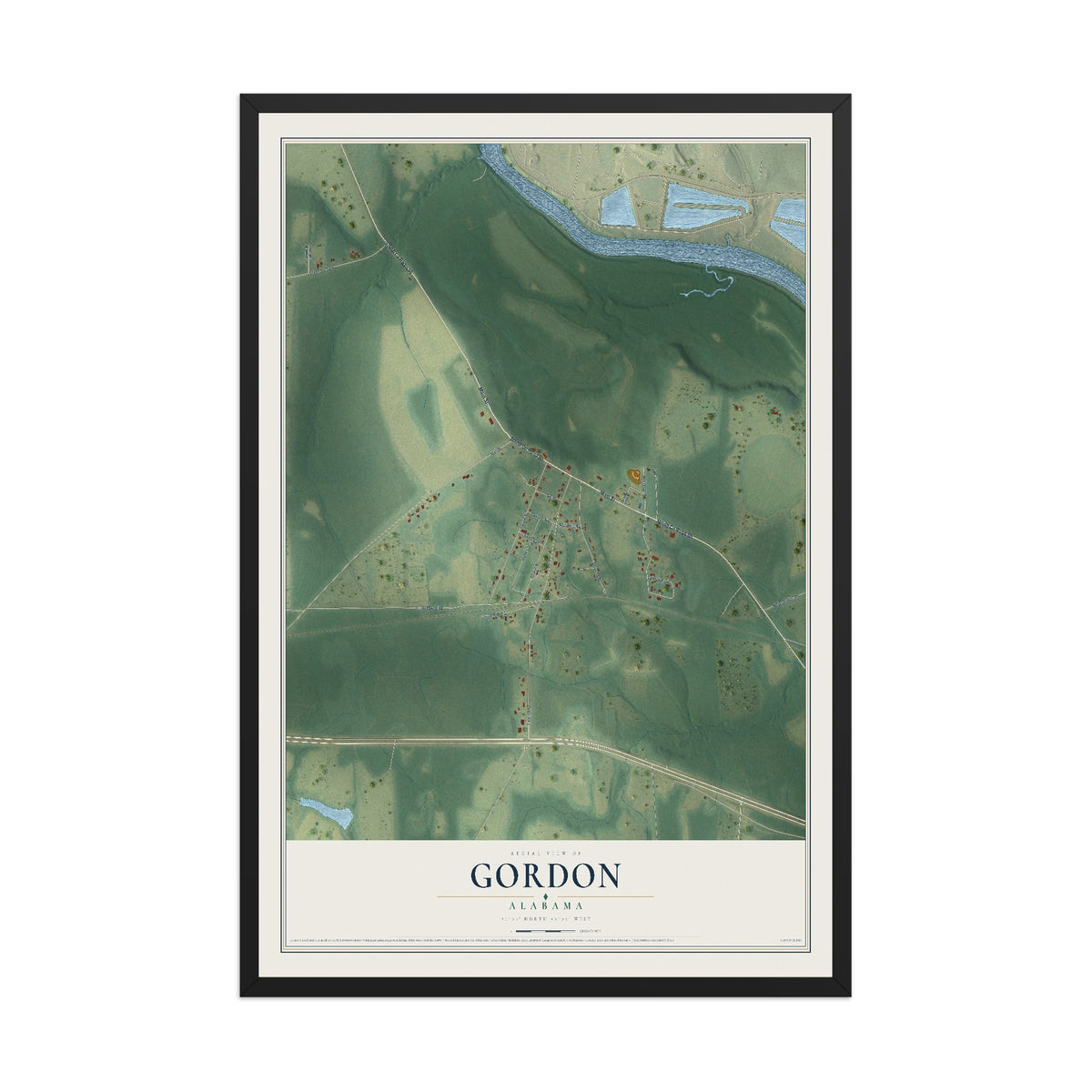 Map of Gordon, Alabama, 12 x 18 inch print in a black wood frame