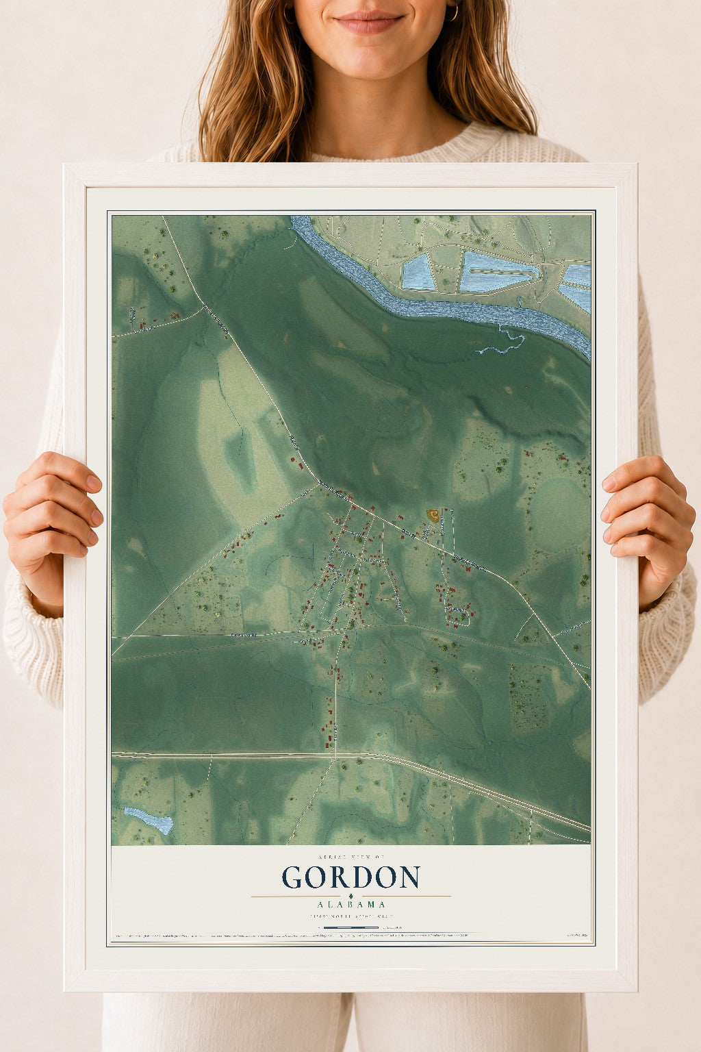 Map of Gordon, Alabama, 18 x 24 inch print in a white wood frame