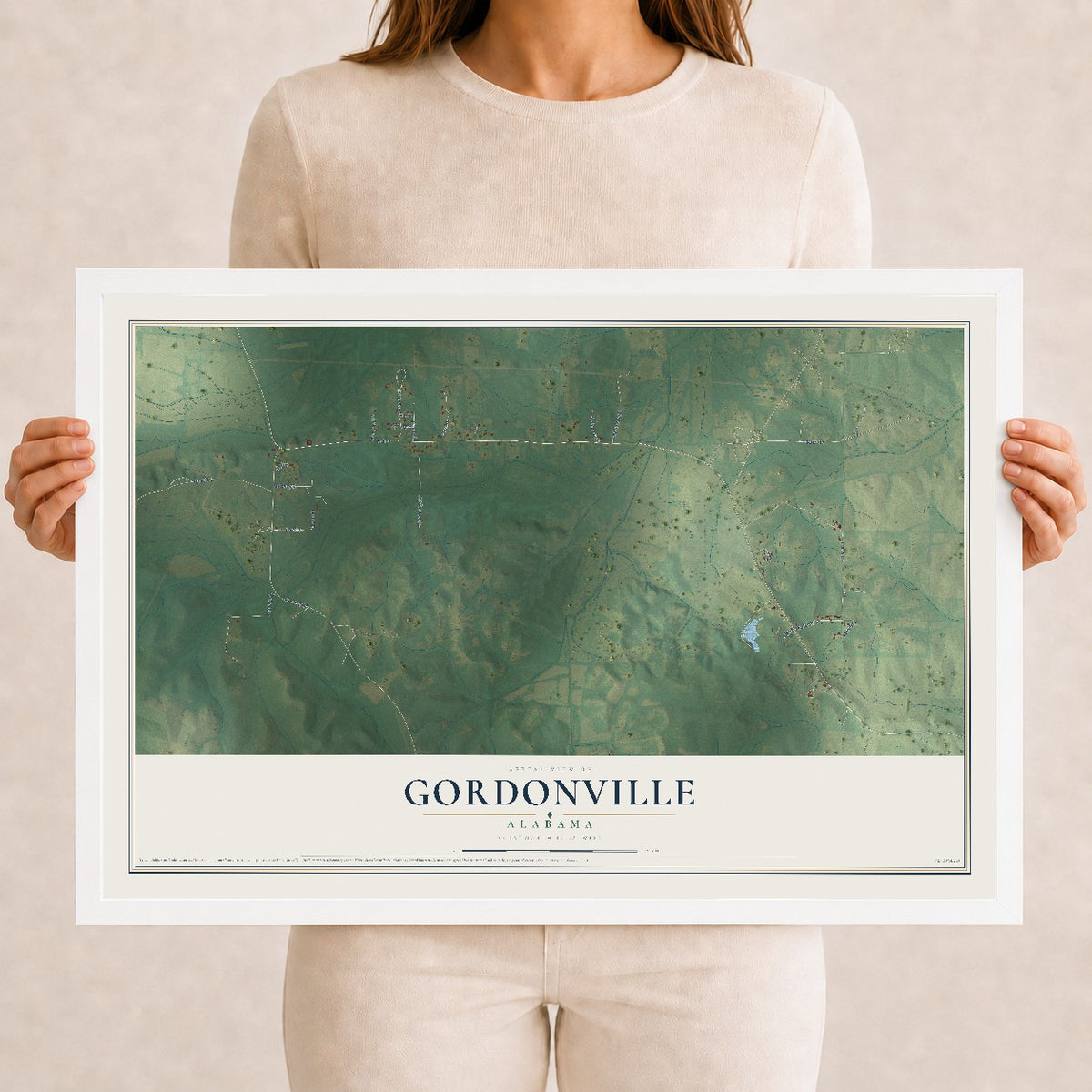 Map of Gordonville, Alabama, 12 x 18 inch print in a white wood frame