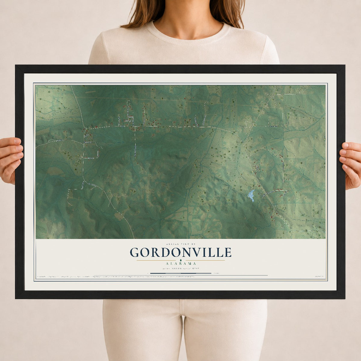 Map of Gordonville, Alabama, 18 x 24 inch print in a black wood frame