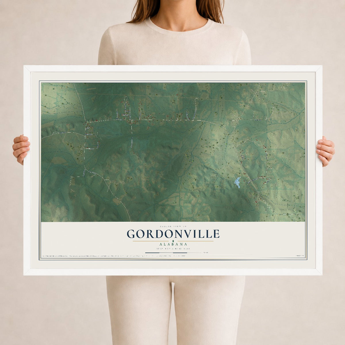 Map of Gordonville, Alabama, 24 x 36 inch print in a white wood frame