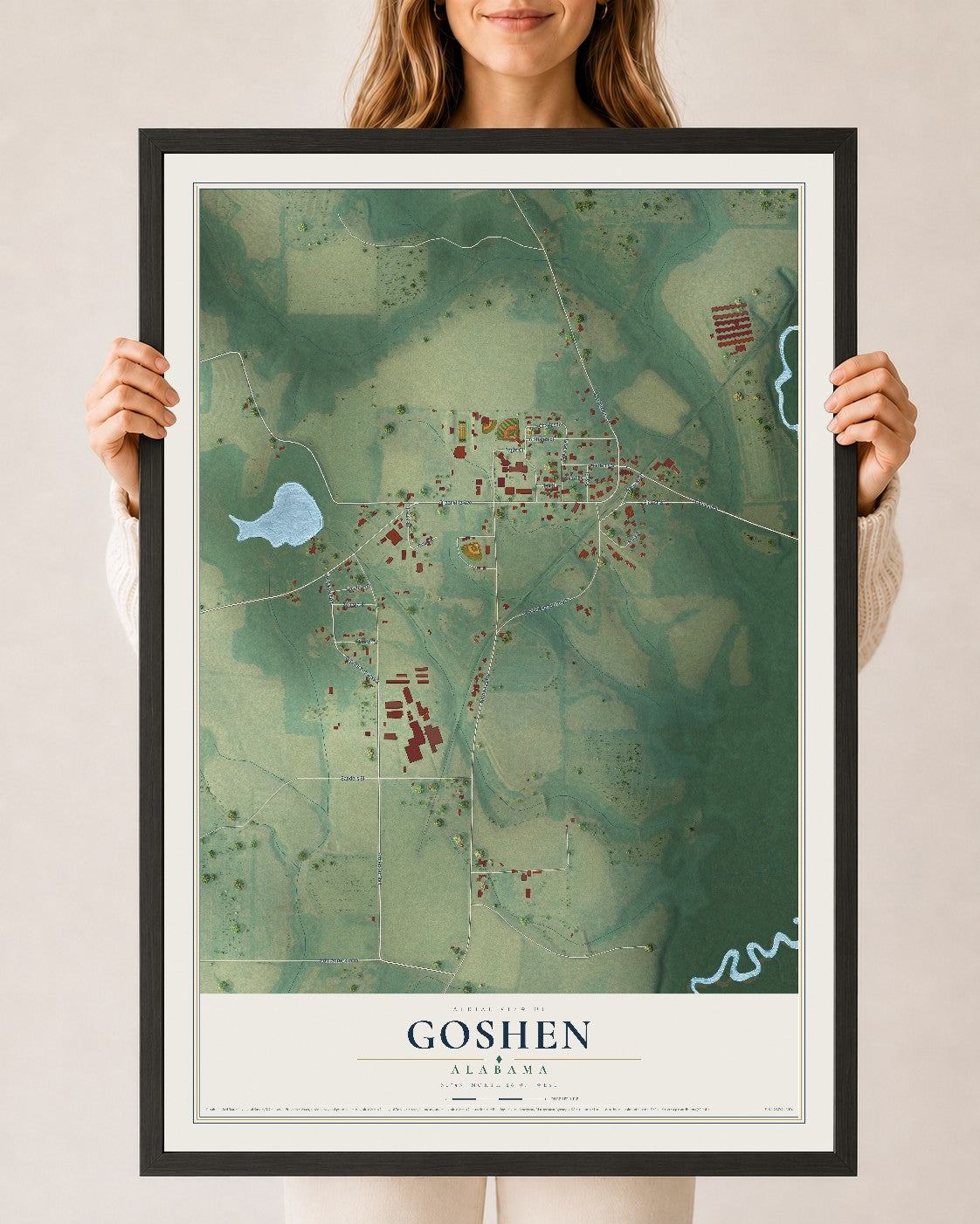 Map of Goshen, Alabama, 24 x 36 inch print in a black wood frame