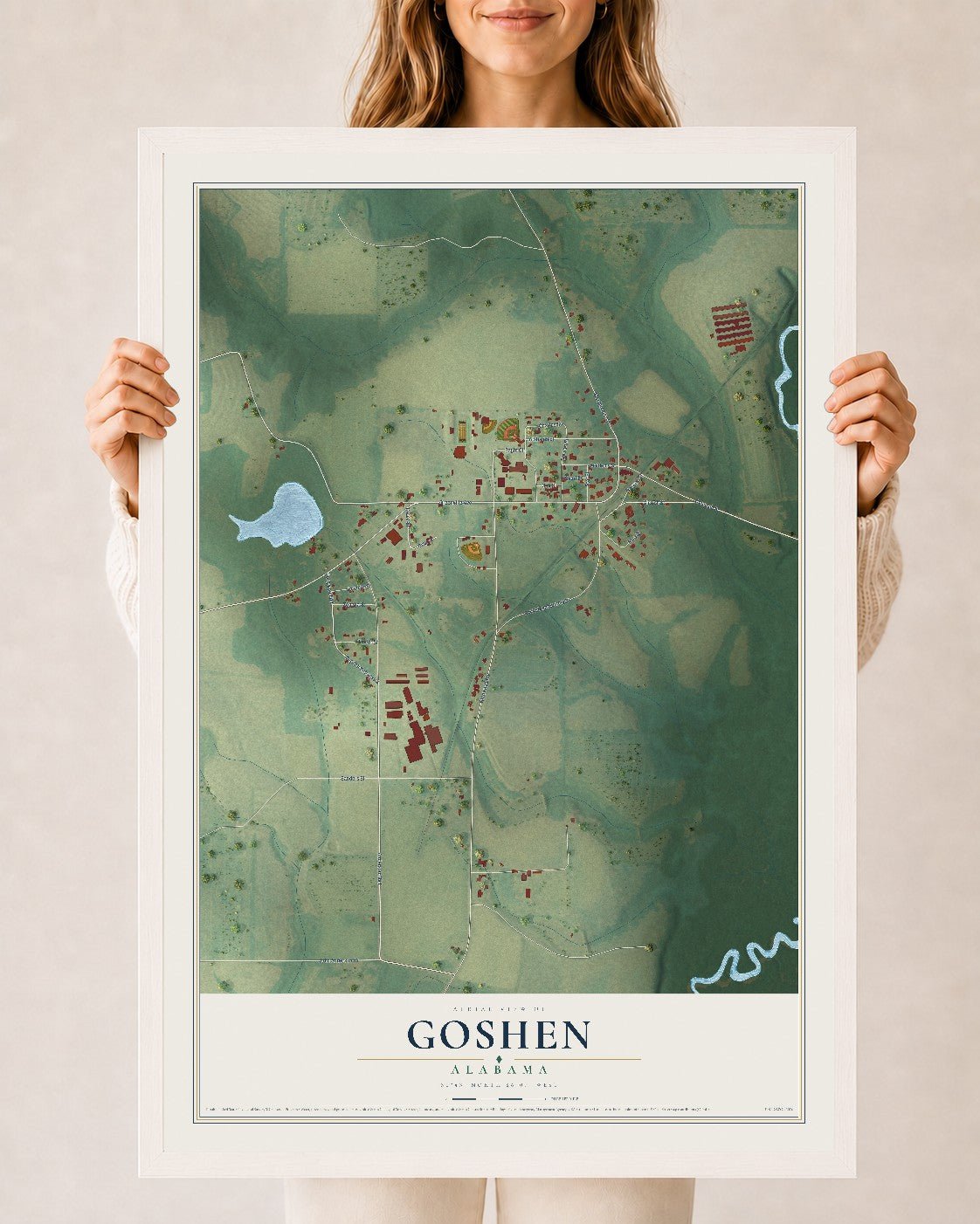 Map of Goshen, Alabama, 24 x 36 inch print in a white wood frame