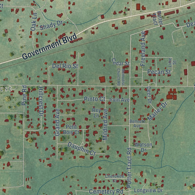 Close-up of the map of Grand Bay, Alabama print showing street and building detail