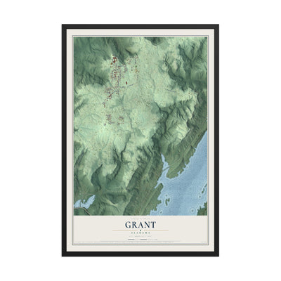 Map of Grant, Alabama, 12 x 18 inch print in a black wood frame