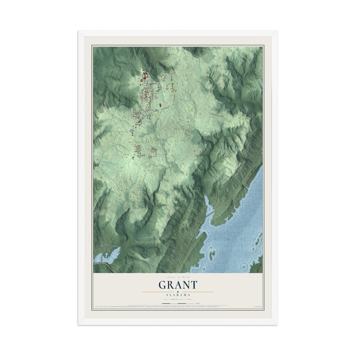 Map of Grant, Alabama, 12 x 18 inch print in a white wood frame