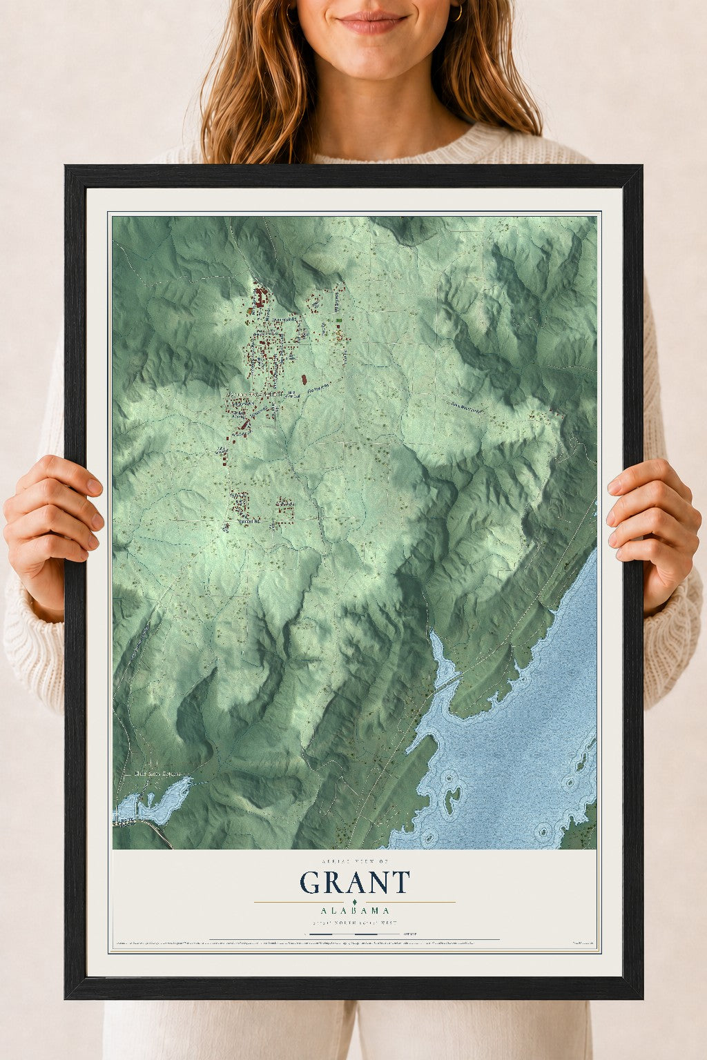 Map of Grant, Alabama, 18 x 24 inch print in a black wood frame