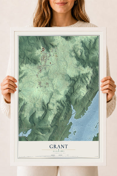 Map of Grant, Alabama, 18 x 24 inch print in a white wood frame