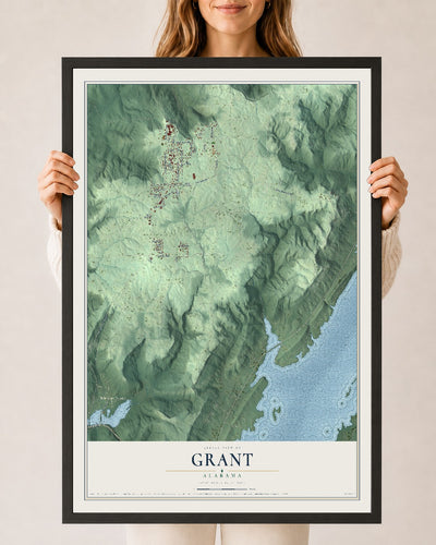 Map of Grant, Alabama, 24 x 36 inch print in a black wood frame