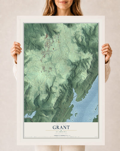Map of Grant, Alabama, 24 x 36 inch print in a white wood frame