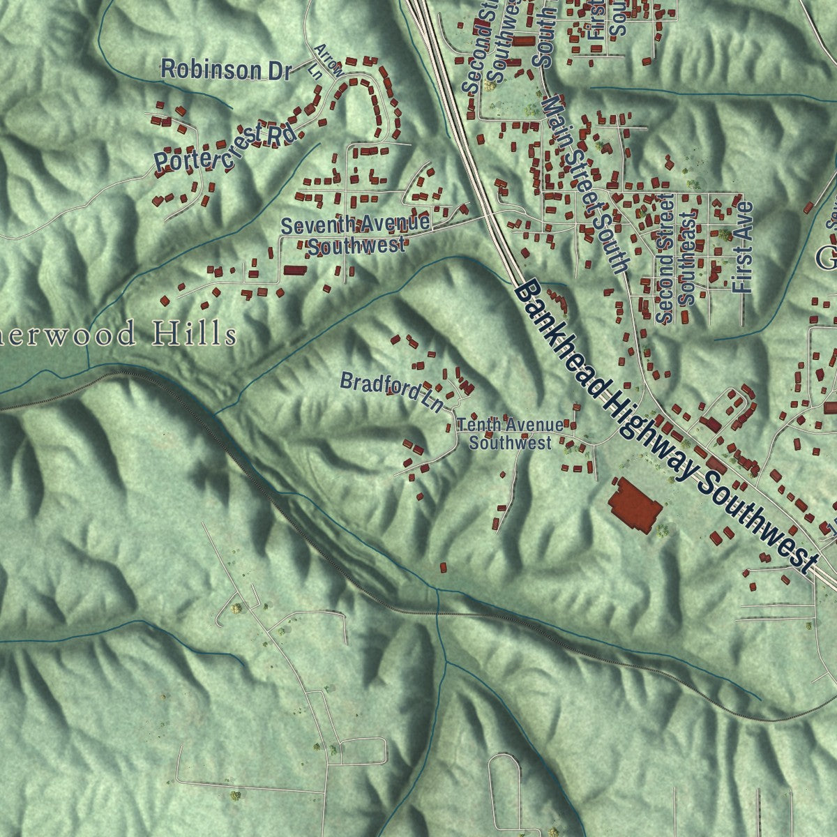 Close-up of the map of Graysville, Alabama print showing street and building detail