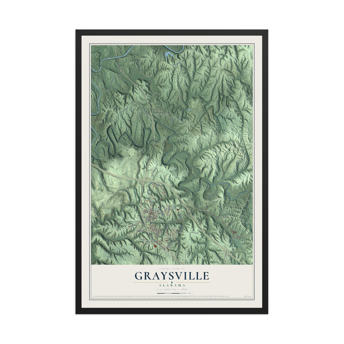 Map of Graysville, Alabama, 12 x 18 inch print in a black wood frame