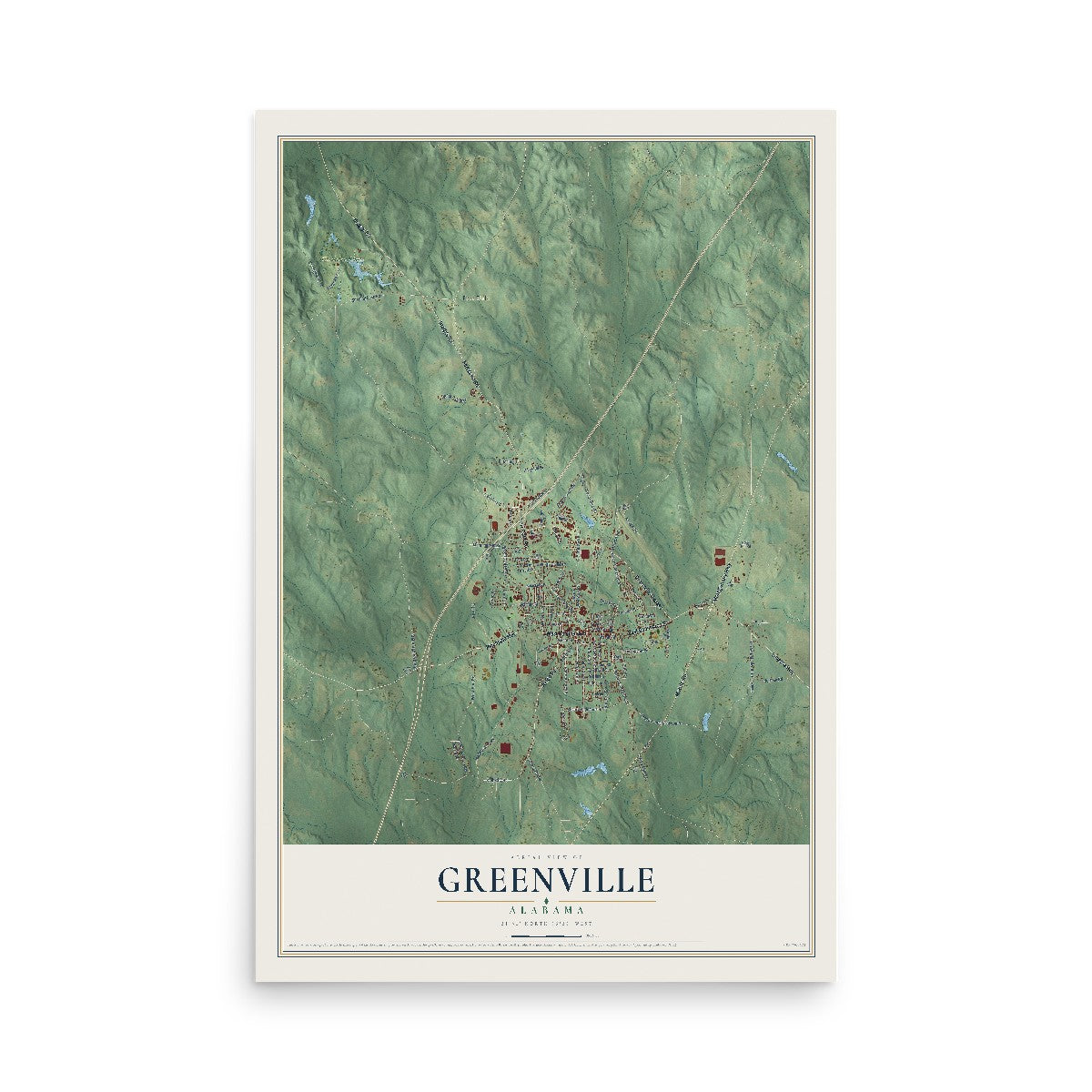 Map of Greenville, Alabama, 12 x 18 inch unframed archival matte print