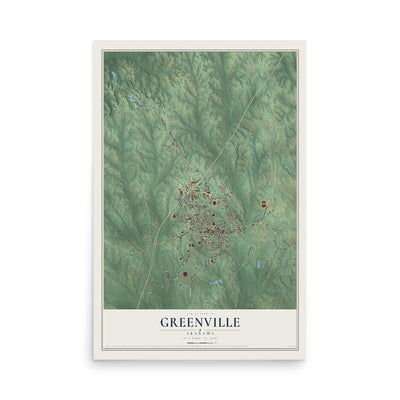 Map of Greenville, Alabama, 12 x 18 inch unframed archival matte print