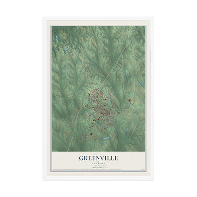 Map of Greenville, Alabama, 12 x 18 inch print in a white wood frame