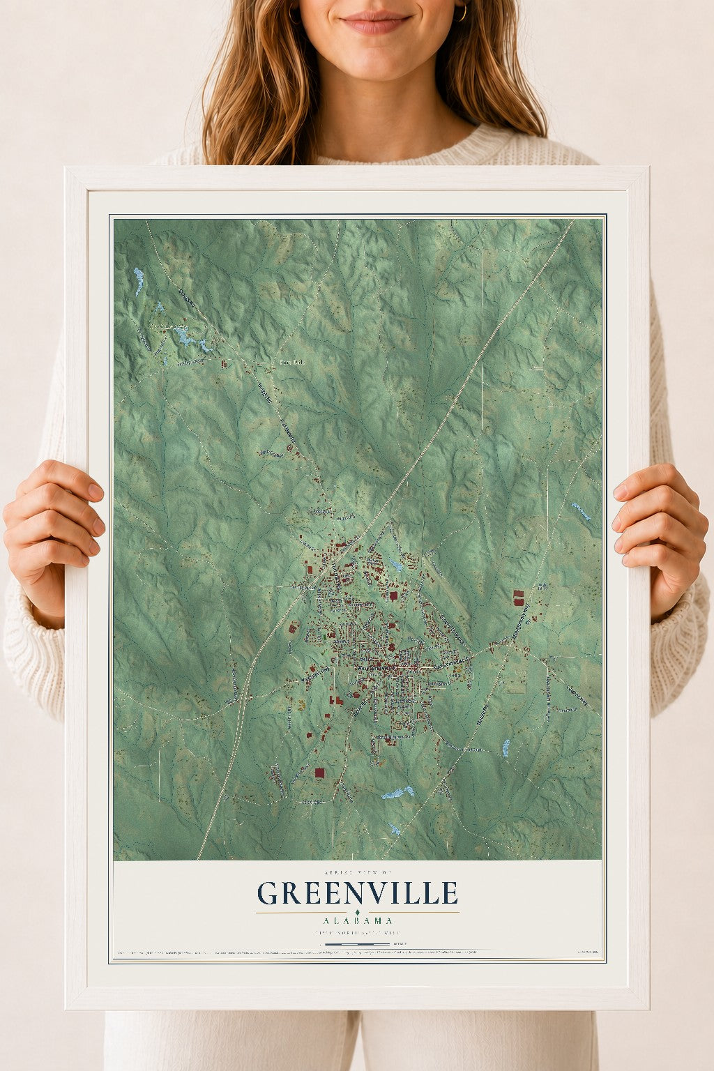 Map of Greenville, Alabama, 18 x 24 inch print in a white wood frame
