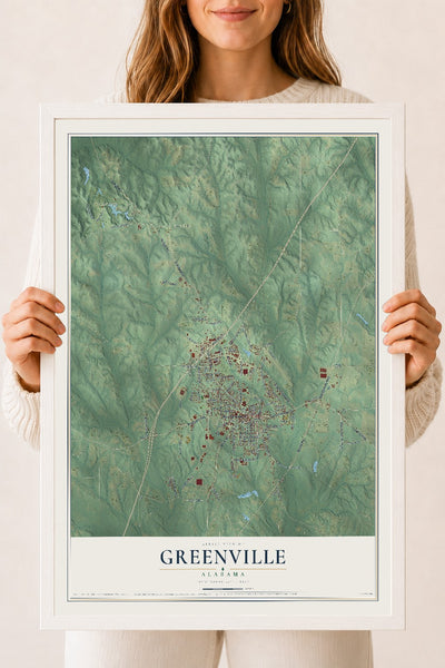 Map of Greenville, Alabama, 18 x 24 inch print in a white wood frame