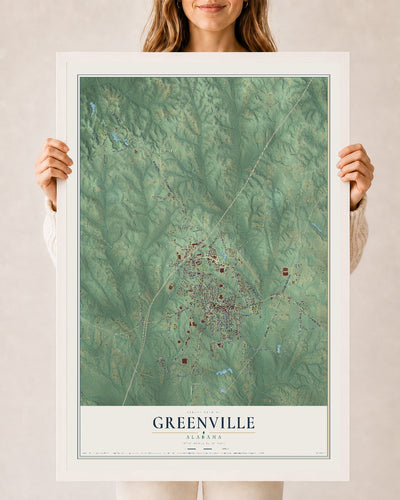 Map of Greenville, Alabama, 24 x 36 inch print in a white wood frame