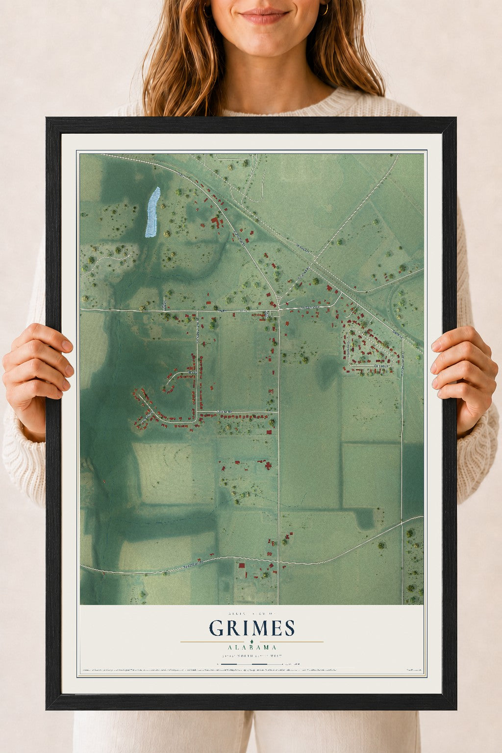 Map of Grimes, Alabama, 18 x 24 inch print in a black wood frame