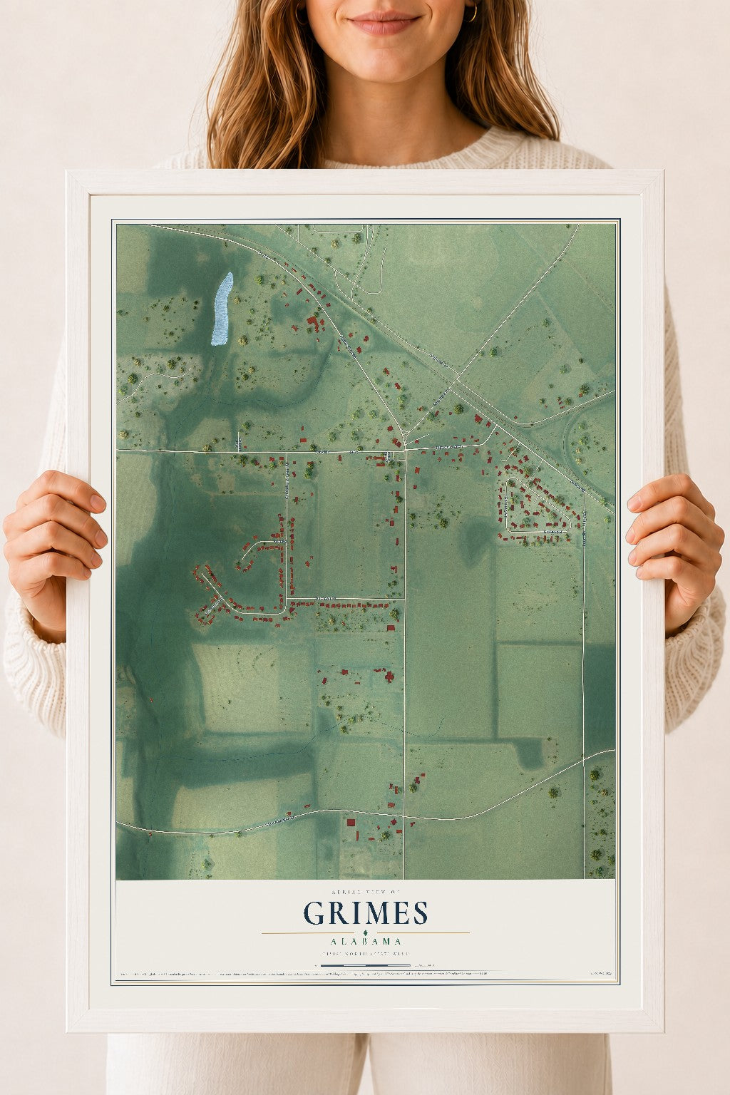 Map of Grimes, Alabama, 18 x 24 inch print in a white wood frame