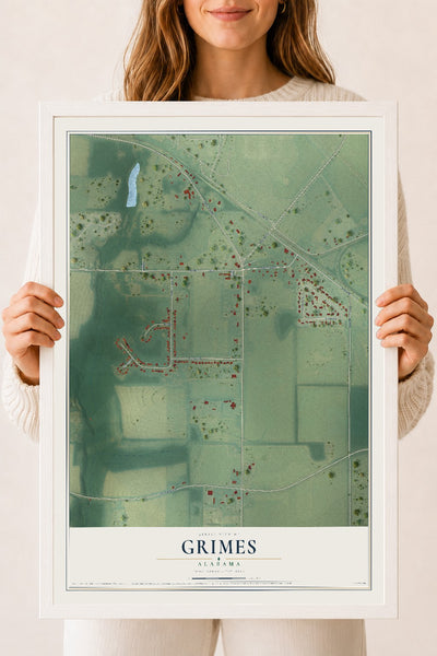 Map of Grimes, Alabama, 18 x 24 inch print in a white wood frame