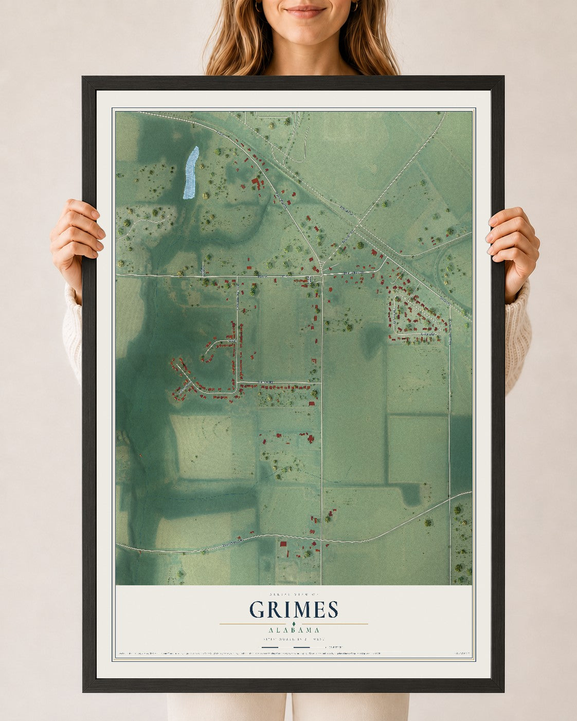 Map of Grimes, Alabama, 24 x 36 inch print in a black wood frame
