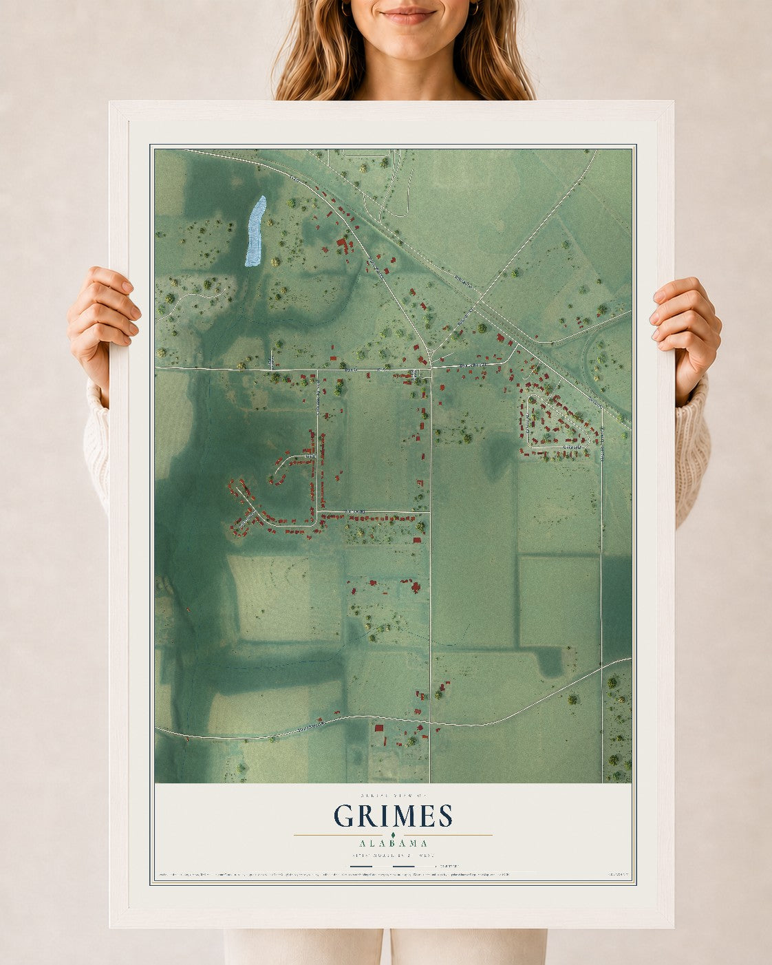 Map of Grimes, Alabama, 24 x 36 inch print in a white wood frame