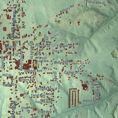 Close-up of the map of Grove Hill, Alabama print showing street and building detail