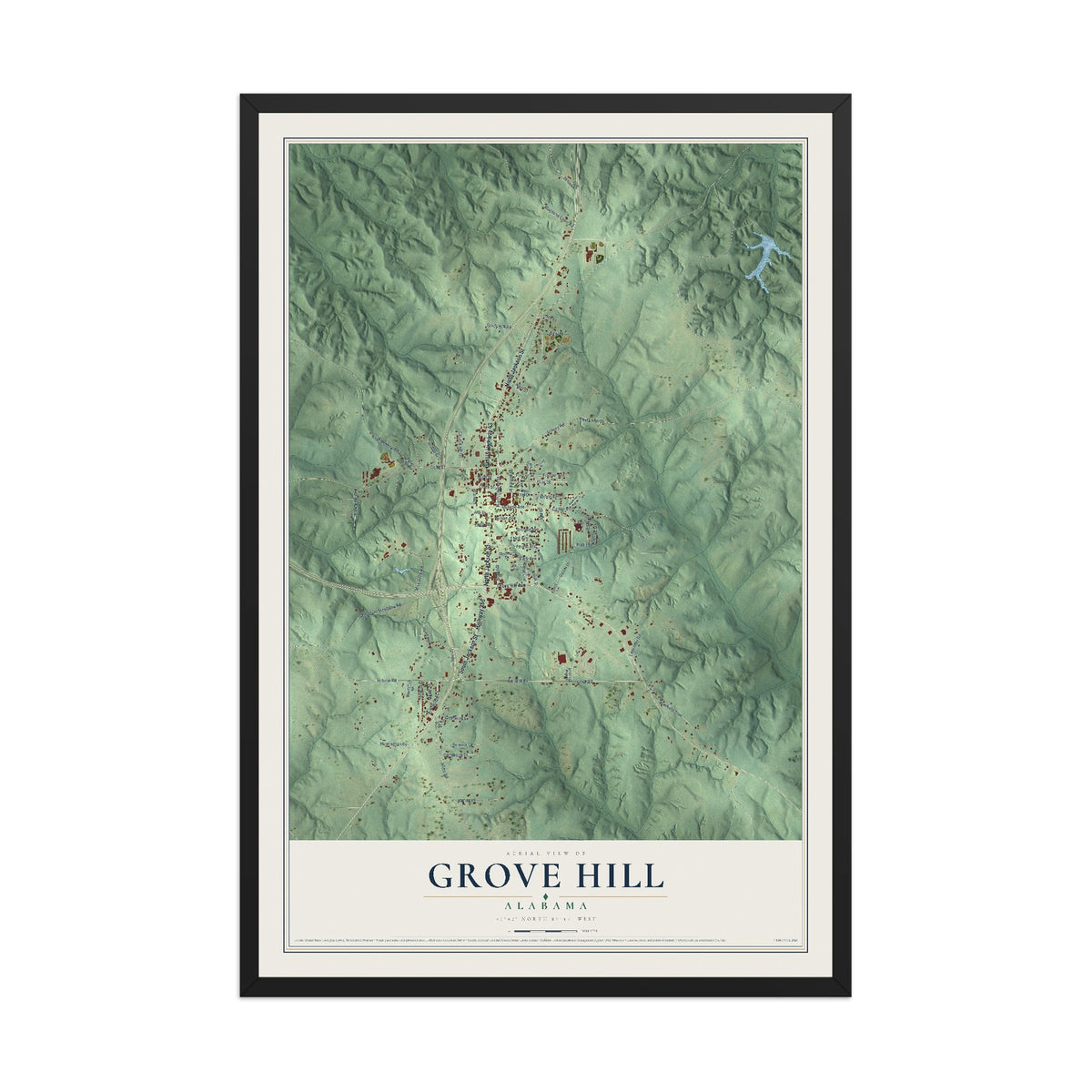 Map of Grove Hill, Alabama, 12 x 18 inch print in a black wood frame