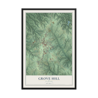 Map of Grove Hill, Alabama, 12 x 18 inch print in a black wood frame
